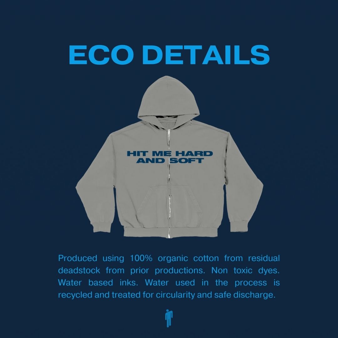 HIT ME HARD AND SOFT Grey Zipper Hoodie Eco Details