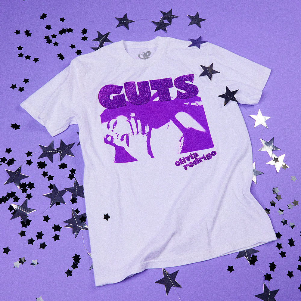 Olivia Rodrigo - white glittering GUTS t-shirt Lifestyle Image