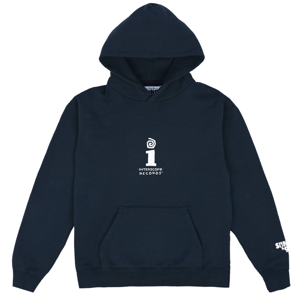 Label Puff Print Hoodie Navy and White Interscope Records